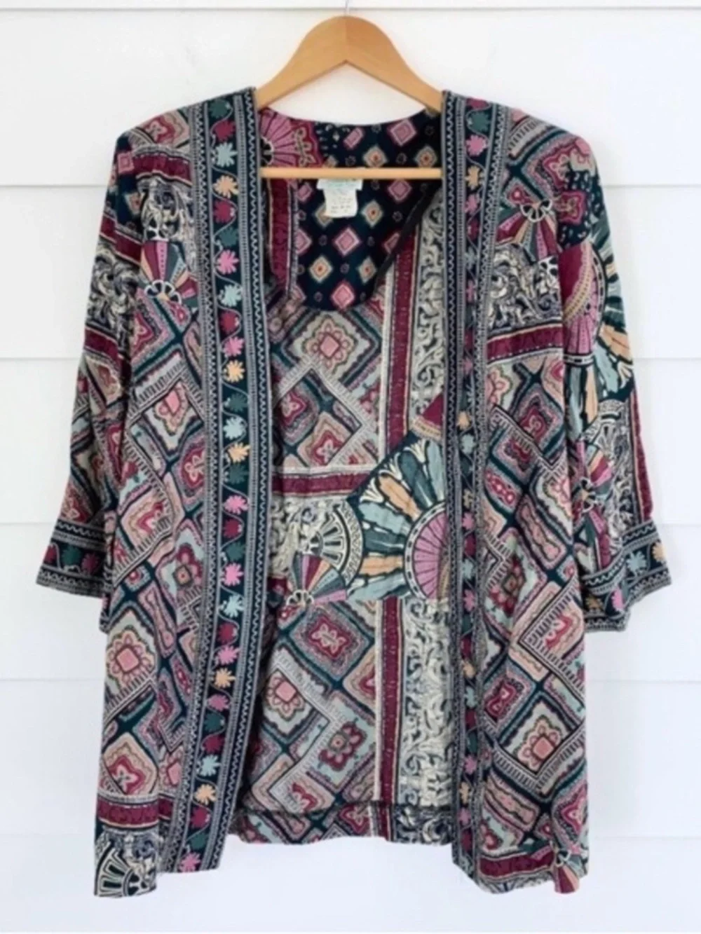 Vintage Open Front Printed Jacket Cardigan Multicolor Print 14 Petite